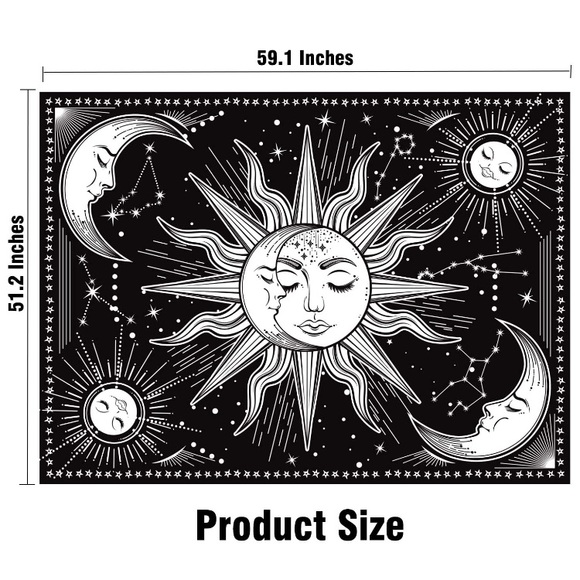 Hippie Sun/Moon Constellation Retro Black/White Tapestry Wall Dorm/Room Art Deco - Picture 4 of 5
